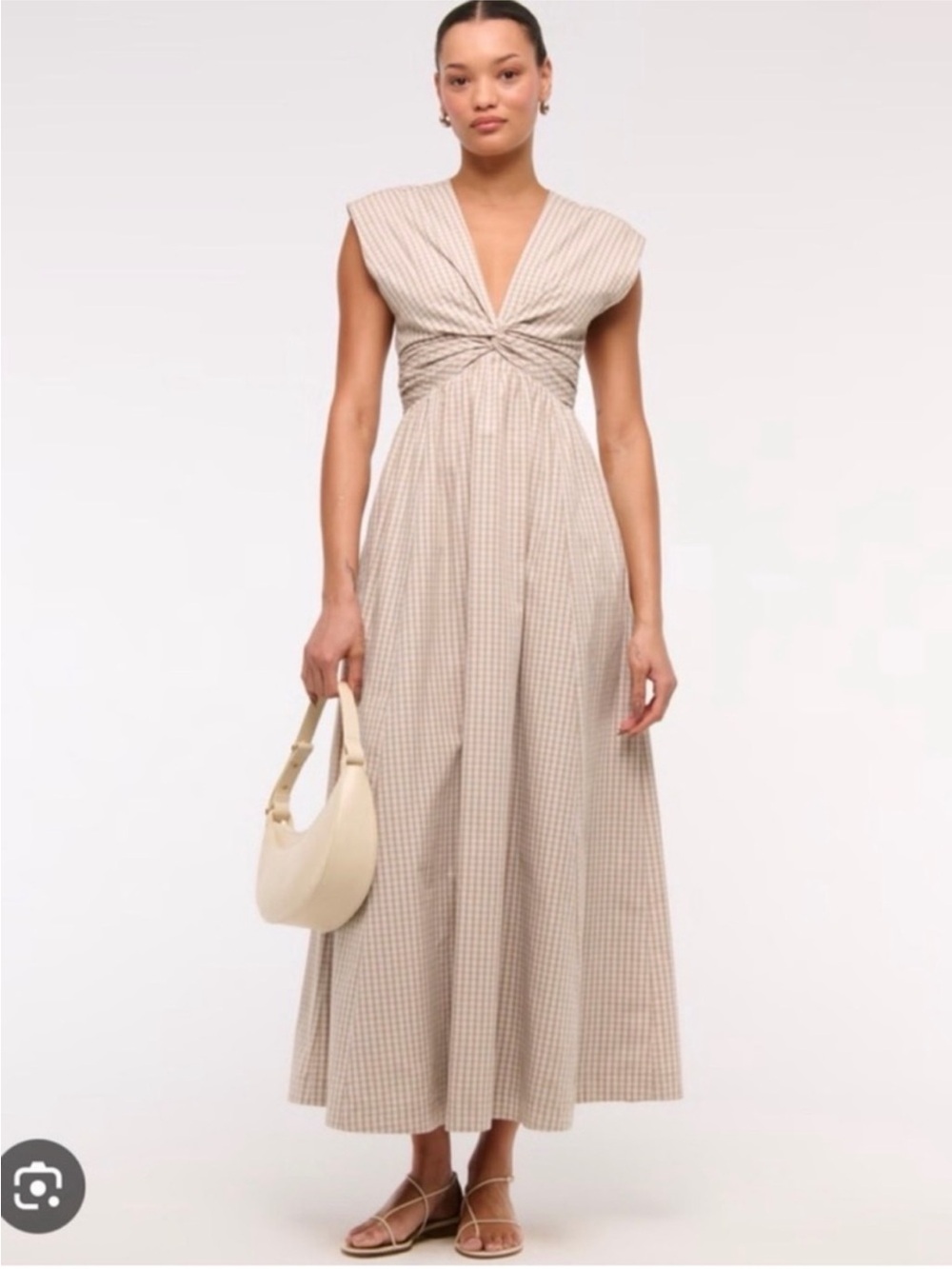 Abercrombie & Fitch Neutral Gingham Twist-Front Maxi Dress